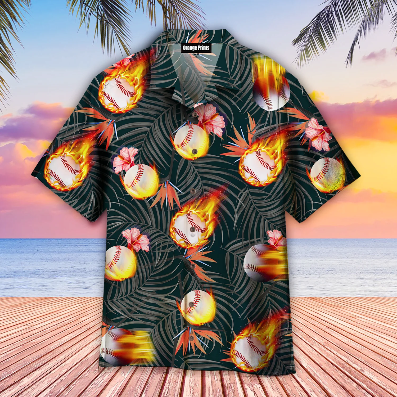 Baseball Fire Floral Tropical Hawaiian Shirt For