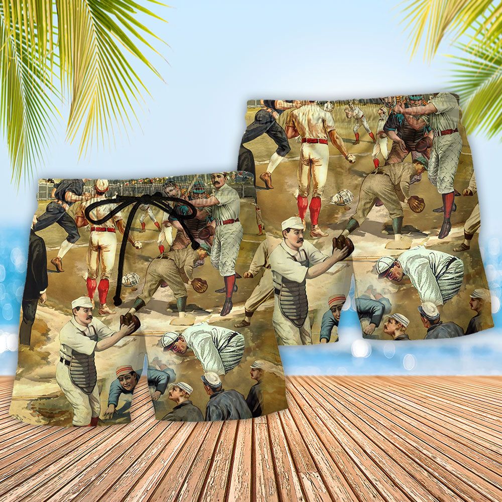 Baseball Hit Hard Run Fast Turn Left Vintage Baseball Player Trendy Aloha Hawaiian Beach Shorts