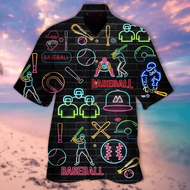 Baseball Neon Color Pattern Black Theme Trendy Hawaiian Shirt