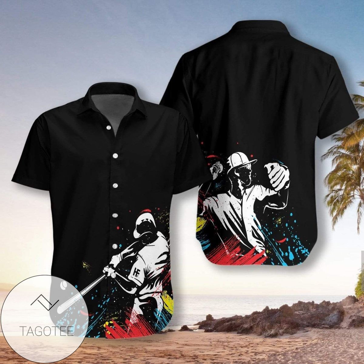 Baseball Players Silhouettes On Paintball Black Hawaiian Shirts
