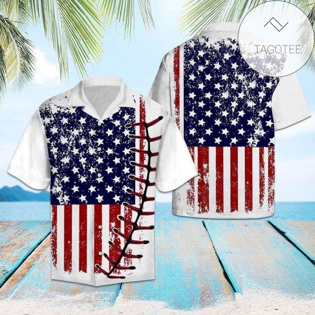 Baseball Theme Enwrapped in USA Flag Spirit on Hawaiian Shirt