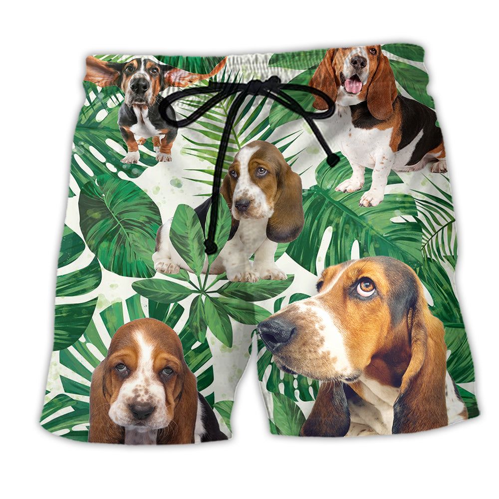 Basset Hound Dog Tropical Leaf Trendy Aloha Hawaiian Beach Shorts Basset Hound Dog Tropical Leaf Trendy Aloha Hawaiian Beach Shorts