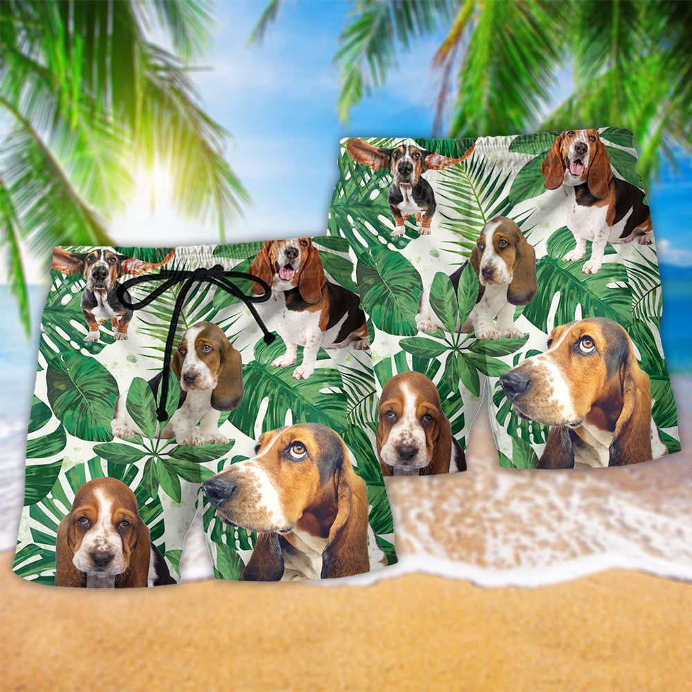 Basset Hound Dog Tropical Leaf Trendy Aloha Hawaiian Beach Shorts