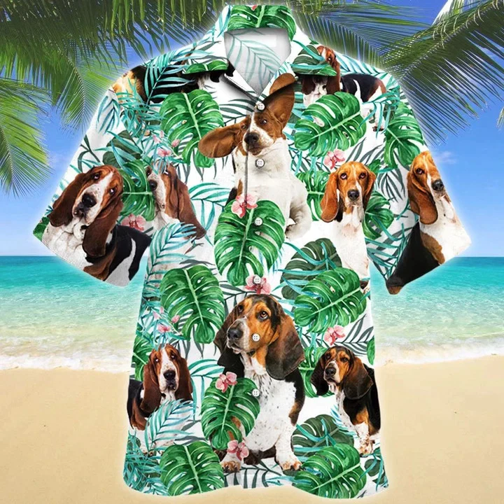 Basset Hound Dog Tropical Plant Leaves Pattern Trendy Hawaiian Shirt, Short Sleeve Hawaiian Aloha Shirt Basset Hound Dog Tropical Plant Leaves Pattern Trendy Hawaiian Shirt, Short Sleeve Hawaiian Aloha Shirt
