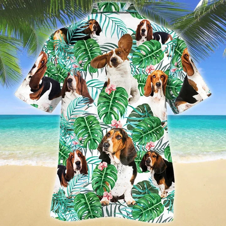 Basset Hound Dog Tropical Plant Leaves Pattern Trendy Hawaiian Shirt, Short Sleeve Hawaiian Aloha Shirt