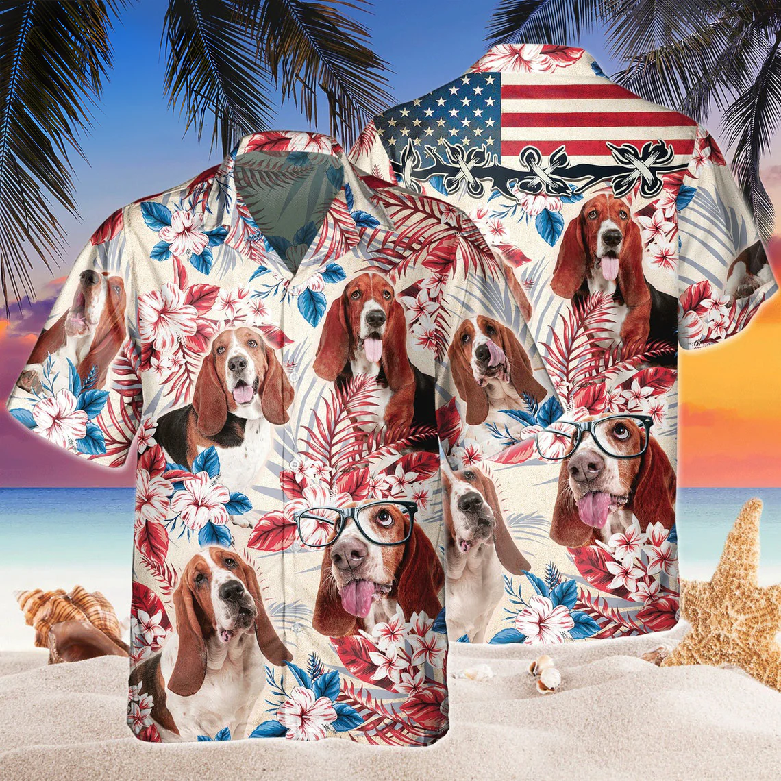Basset Hound Dog United States Flag Hawaiian Flowers All Over Printed 3D Hawaiian Shirt Basset Hound Dog United States Flag Hawaiian Flowers All Over Printed 3D Hawaiian Shirt