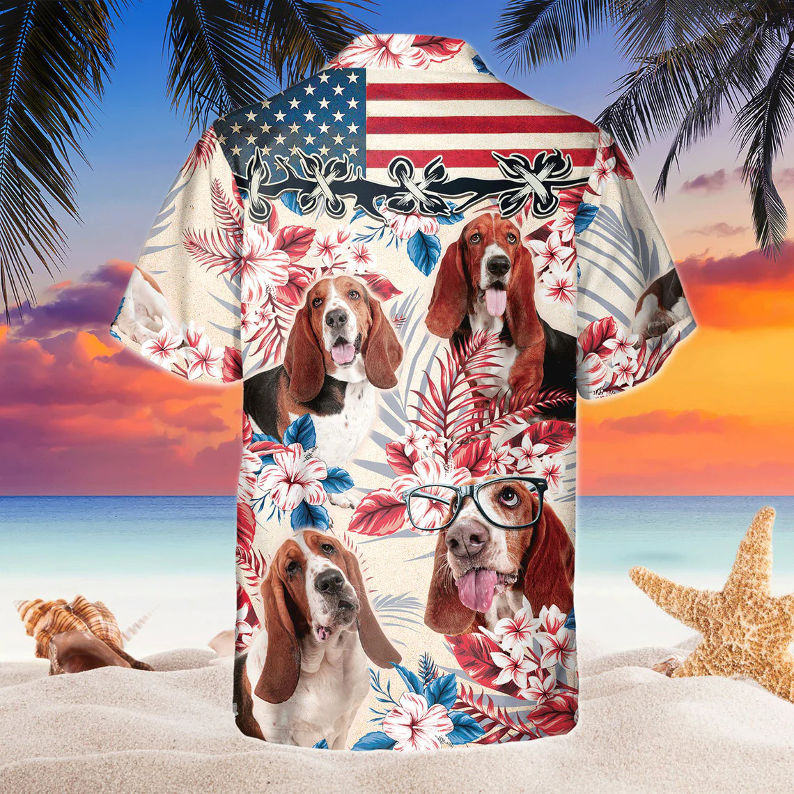 Basset Hound Dog United States Flag Hawaiian Flowers All Over Printed 3D Hawaiian Shirt