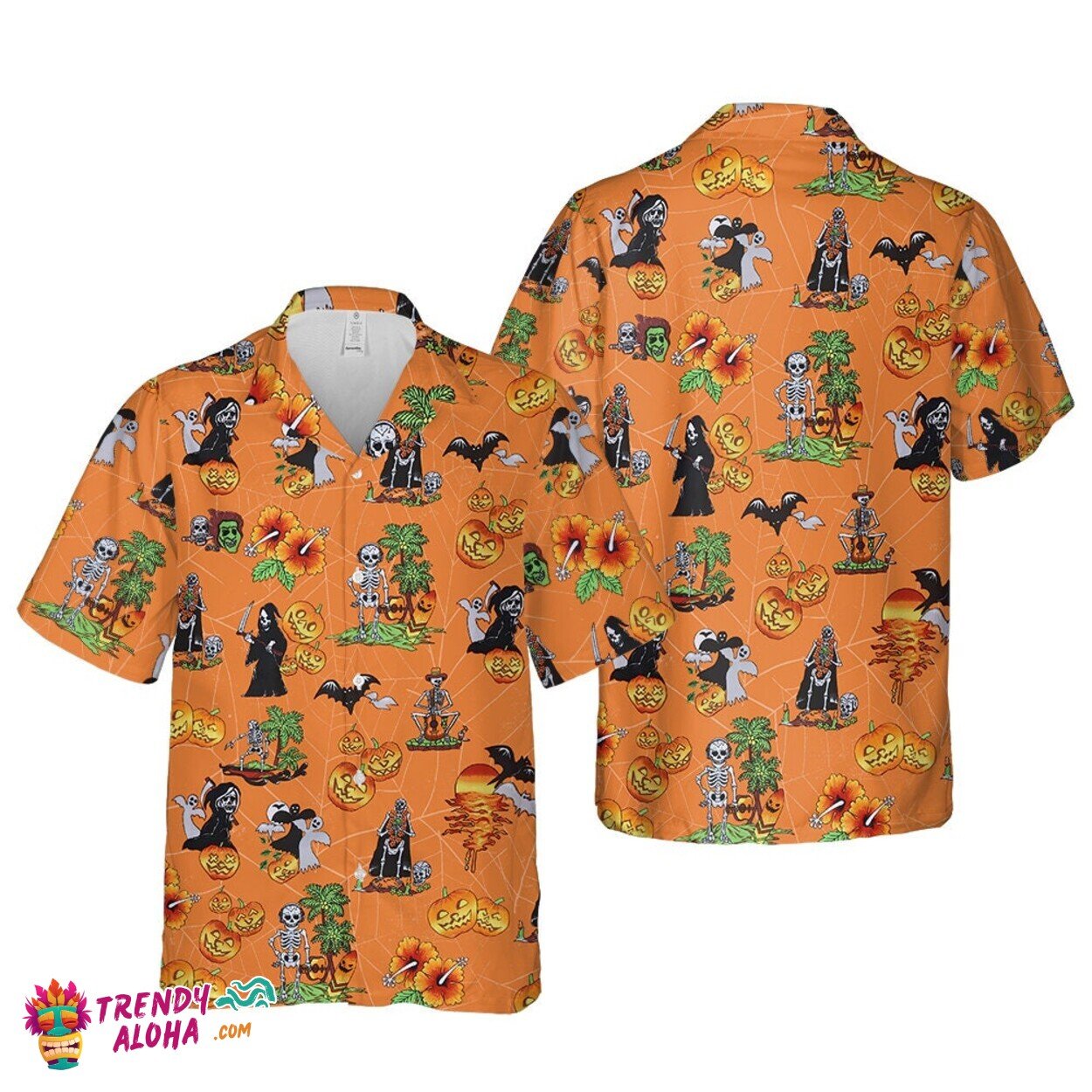 Bat Skull Death Halloween Orange Premium Pattern Hawaiian Shirt