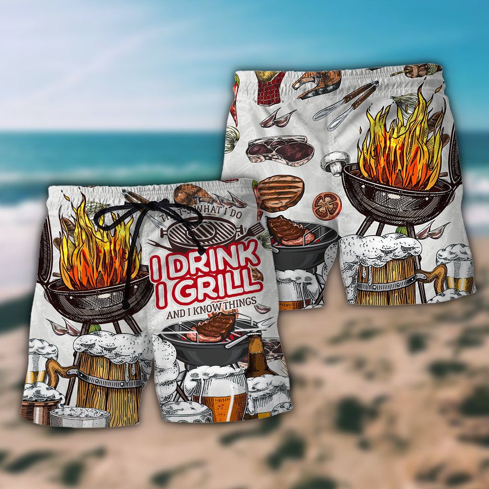 Bbq Grill And Drink Beer Trendy Aloha Hawaiian Beach Shorts