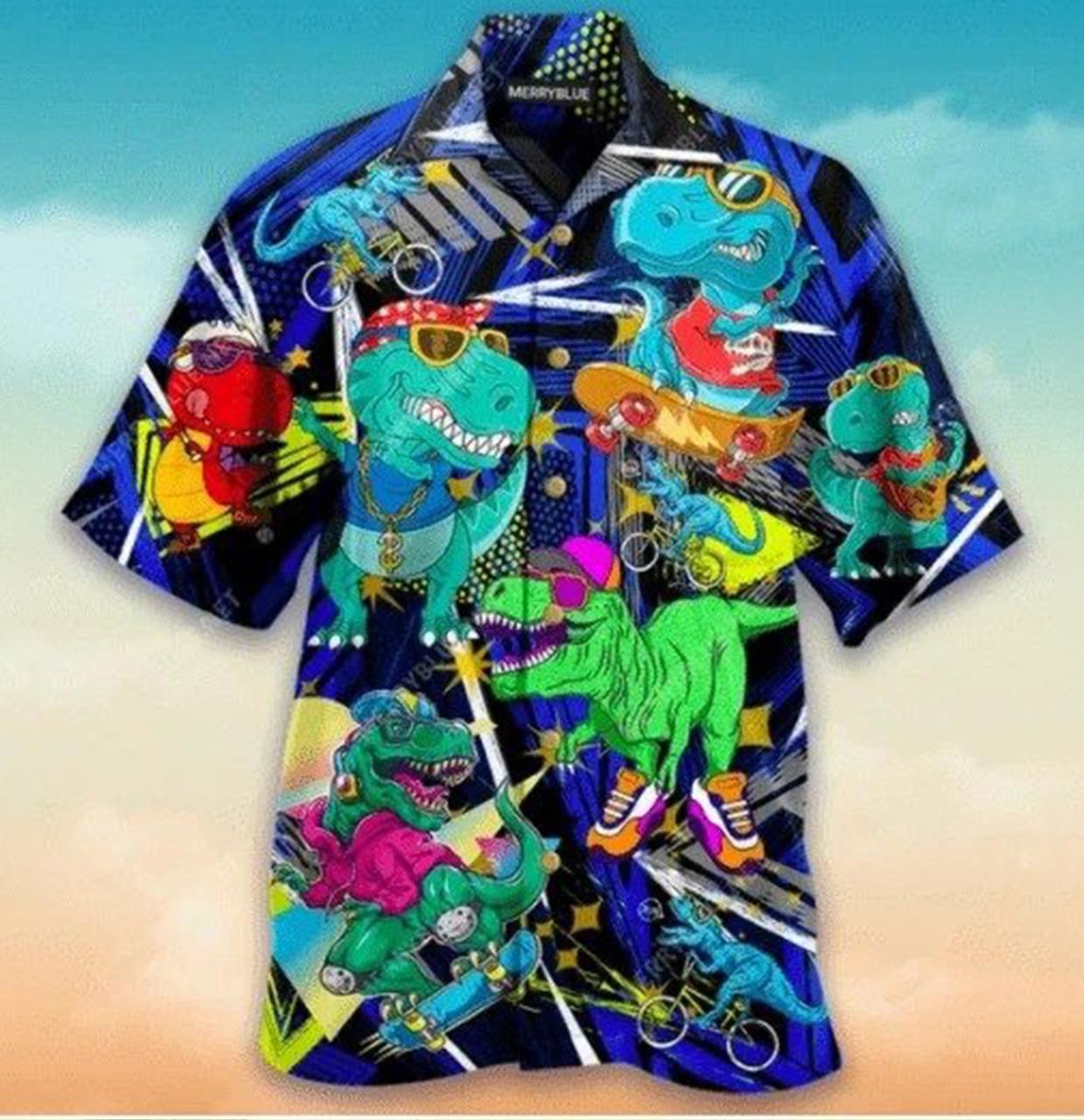 Beach Ambiance Meets Hiphop Dinosaur in Hawaiian Shirt Design