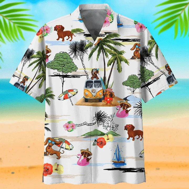 Beach And Dachshunds Cute Beach Cartoon Trendy Hawaiian Shirt