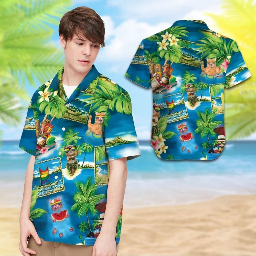 Beach Shirt Felacia Lgbt With Cats And Tropical Leaves For Lgbt Community Hawaiian Shirt