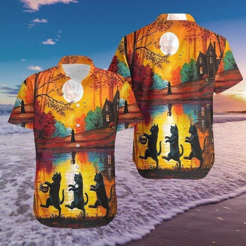 Beach Shirt Hawaiian Aloha Shirts Halloween Walking Cat, Unisex Print Aloha Short Sleeve Casual Shirt