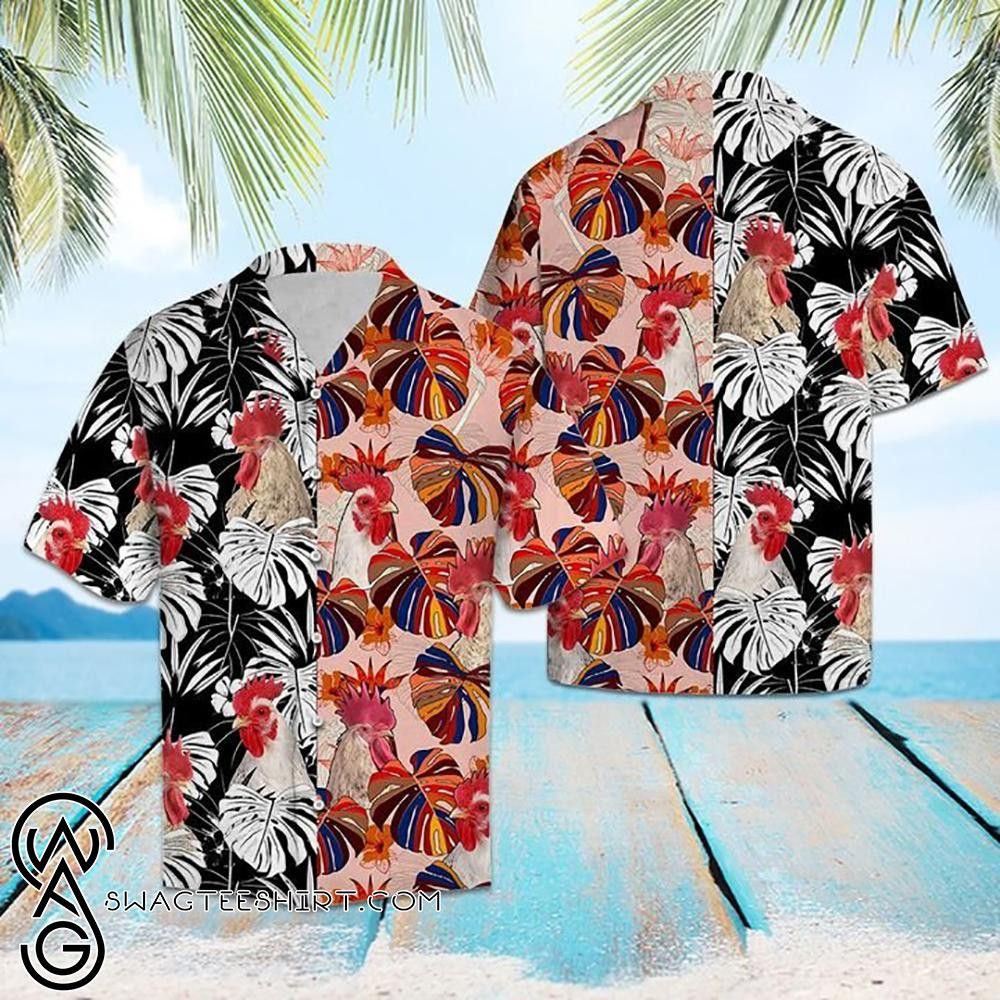 Beach Shirt Tropical Rooster Floral Trendy Hawaiian Shirt, Chicken Lover Trendy Hawaiian Shirt For Summer Gifts