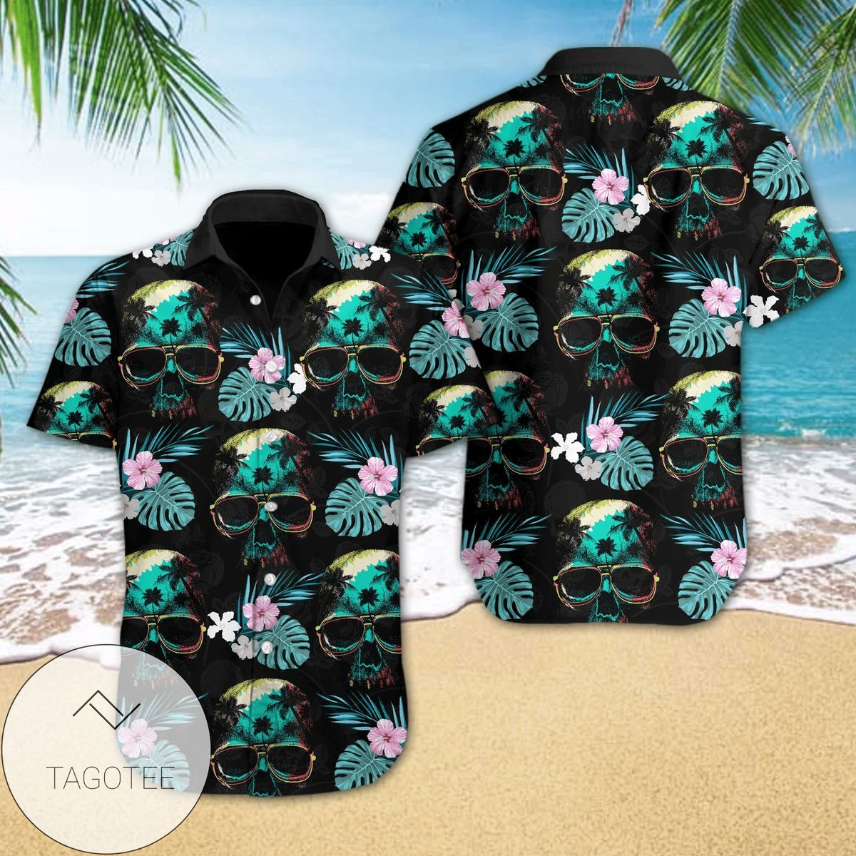 Beachside Skull Adventures Illuminated on Hawaiian Shirt Design