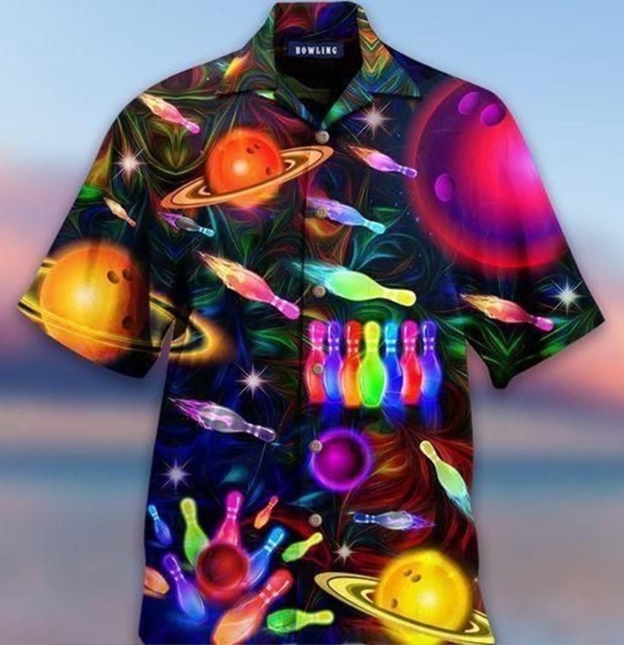 BeacShirt Get Here Bowling In Space Colorful Light Hawaiian Shirts