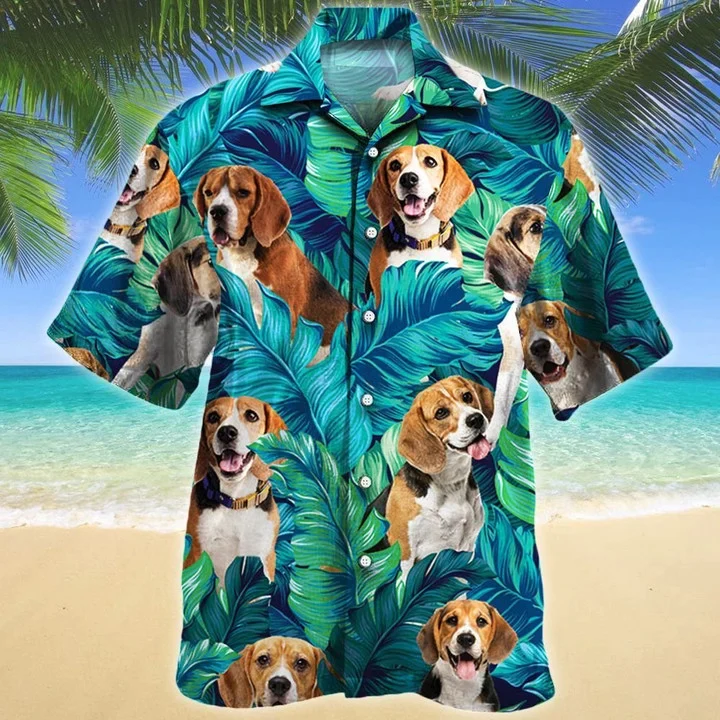 Beagle Dog Lovers Gift Summer Beach Palm Tree Pattern Trendy Hawaiian Shirt, Short Sleeve Trendy Hawaiian Shirt For Men