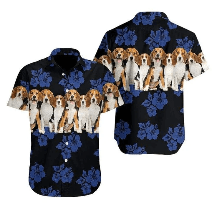 Beagle with Tropical Hibiscus Black Hawaiian Shirt