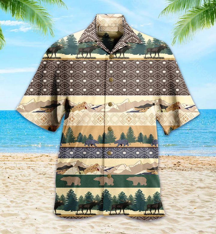 Bear And Moose Mountain Brown Trendy Hawaiian Shirt 3D Summer Gifts
