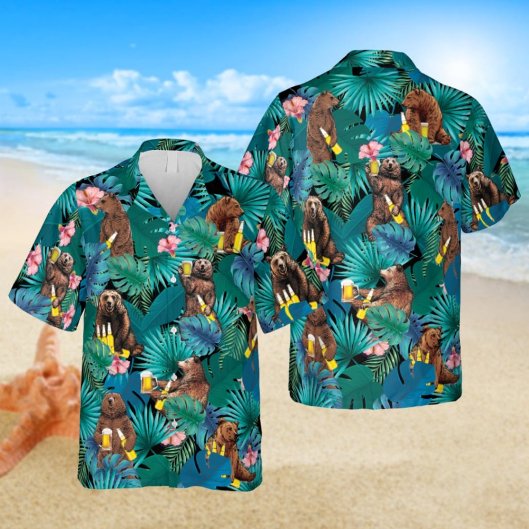 Bear Drinks Beer Hawaii Green Shirt, 3D Camping Shirt