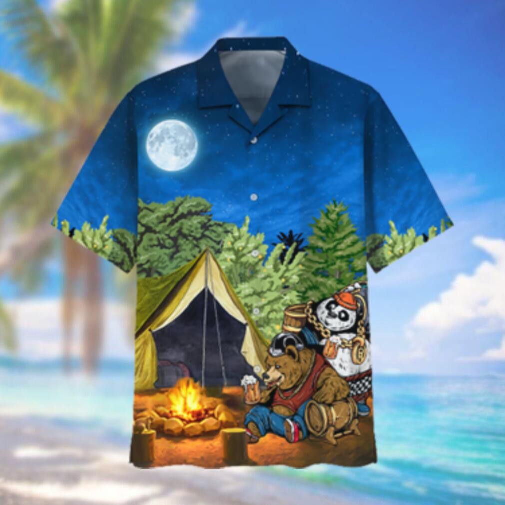 Bear Enjoys a Camping Adventure on Tshirt Style Hawaiian Shirt