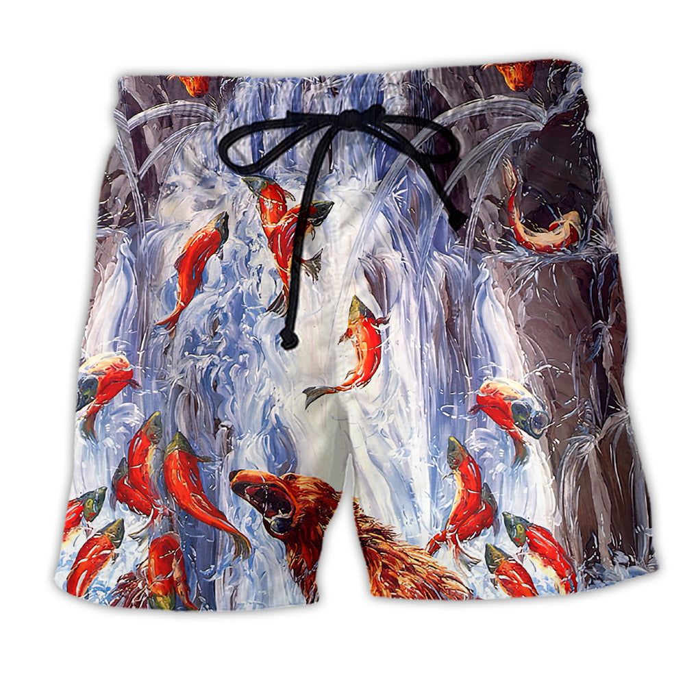 Bear Fighting In Waterfall Fish Trendy Aloha Hawaiian Beach Shorts