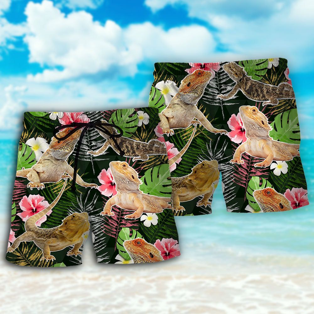 Bearded Dragon Tropical Leaf Trendy Aloha Hawaiian Beach Shorts