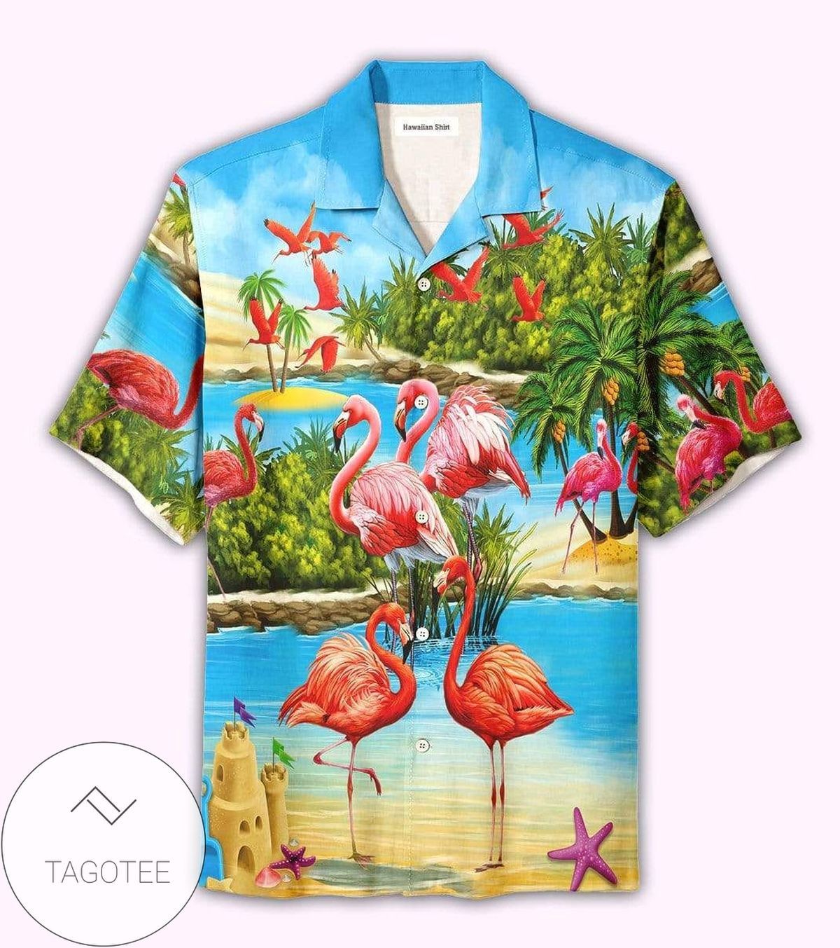 Beautiful Flamingo On The BeacBlue And Pink Unisex Hawaiian Shirts