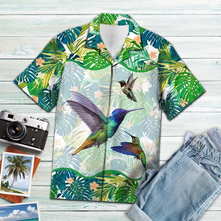 Beautiful Hummingbird Green Tropical Leaves Pattern Trendy Hawaiian Shirt