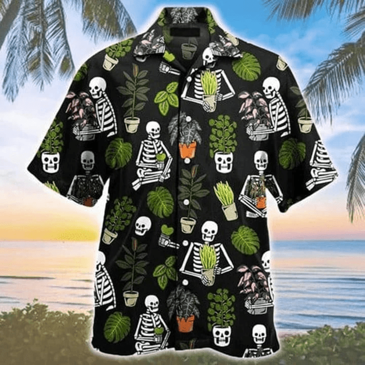 Beautiful Plant Potted Gardener Skull Pattern Trendy Hawaiian Shirt, Summer Trendy Hawaiian Shirt For Men And Women