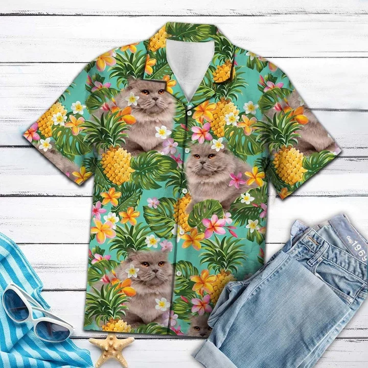 Beautiful Tropical Pineapple Mix British Longhair Print Trendy Hawaiian Shirt Beautiful Tropical Pineapple Mix British Longhair Print Trendy Hawaiian Shirt
