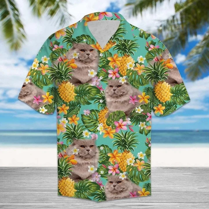 Beautiful Tropical Pineapple Mix British Longhair Print Trendy Hawaiian Shirt