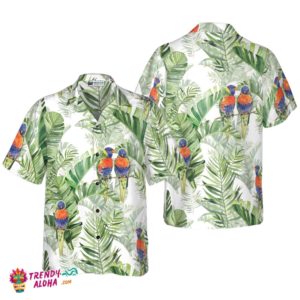 Beautiful Watercolor Parrots In Green Hawaiian Shirt