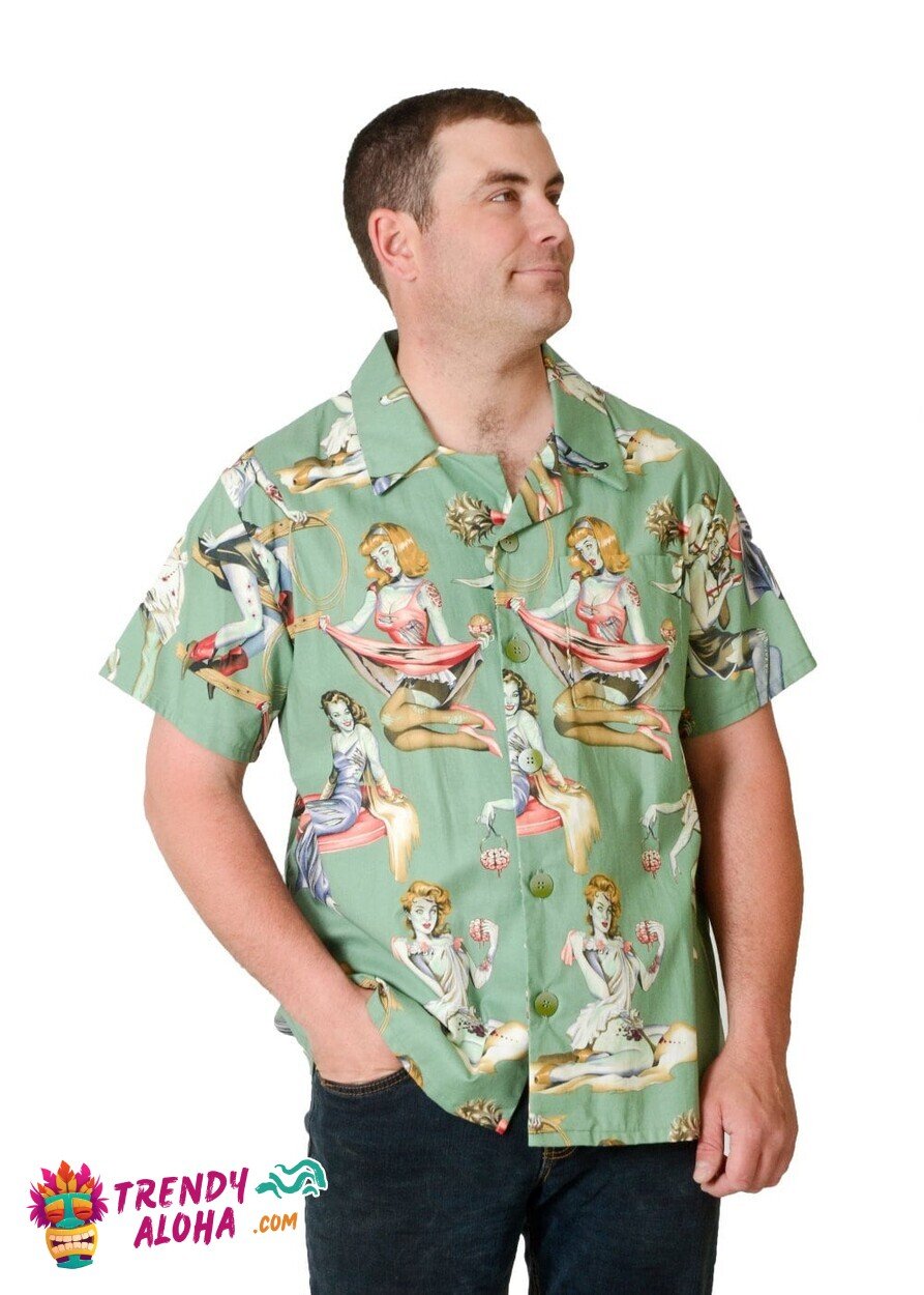 Beauty and Brains Zombie Gal Fun Spooky Hawaiian Shirt