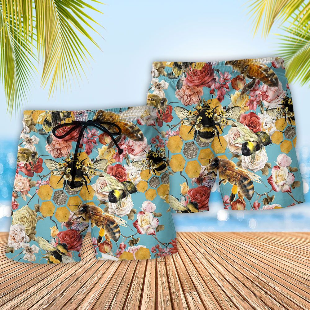 Bee Let Make Gorgeous Roses Floral Trendy Aloha Hawaiian Beach Shorts