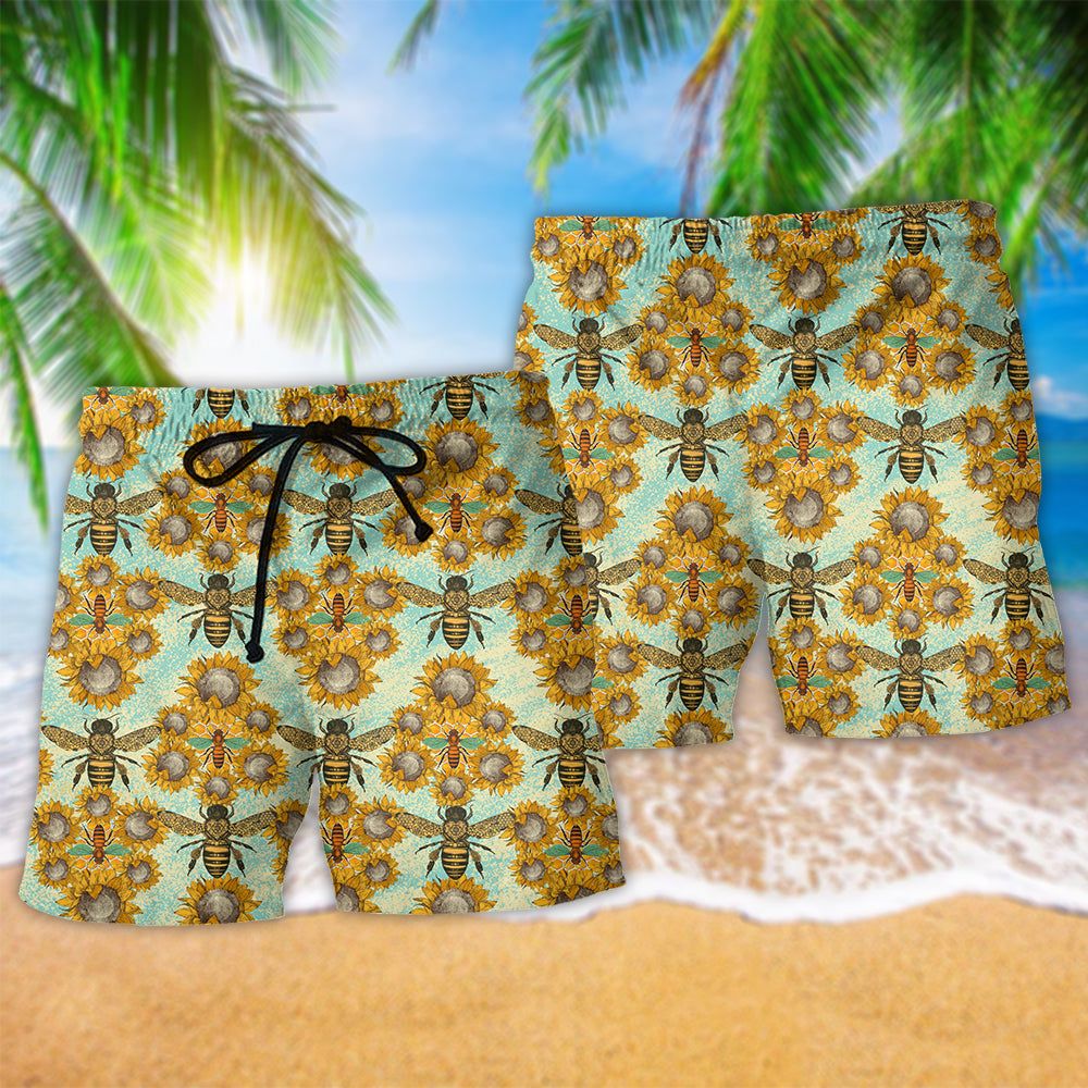 Bee Loves Sunflowers Style Trendy Aloha Hawaiian Beach Shorts