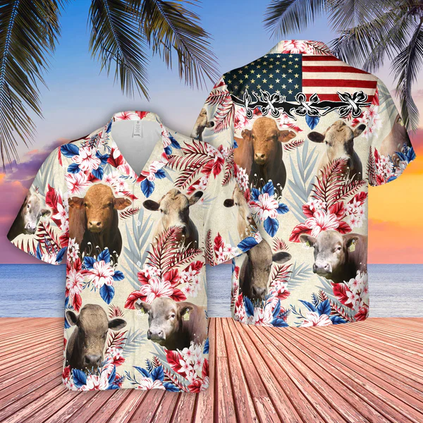 Beefalo Pattern Us Flag Trendy Hawaiian Shirt, Farm Cow Trendy Hawaiian Shirt For Men And Women