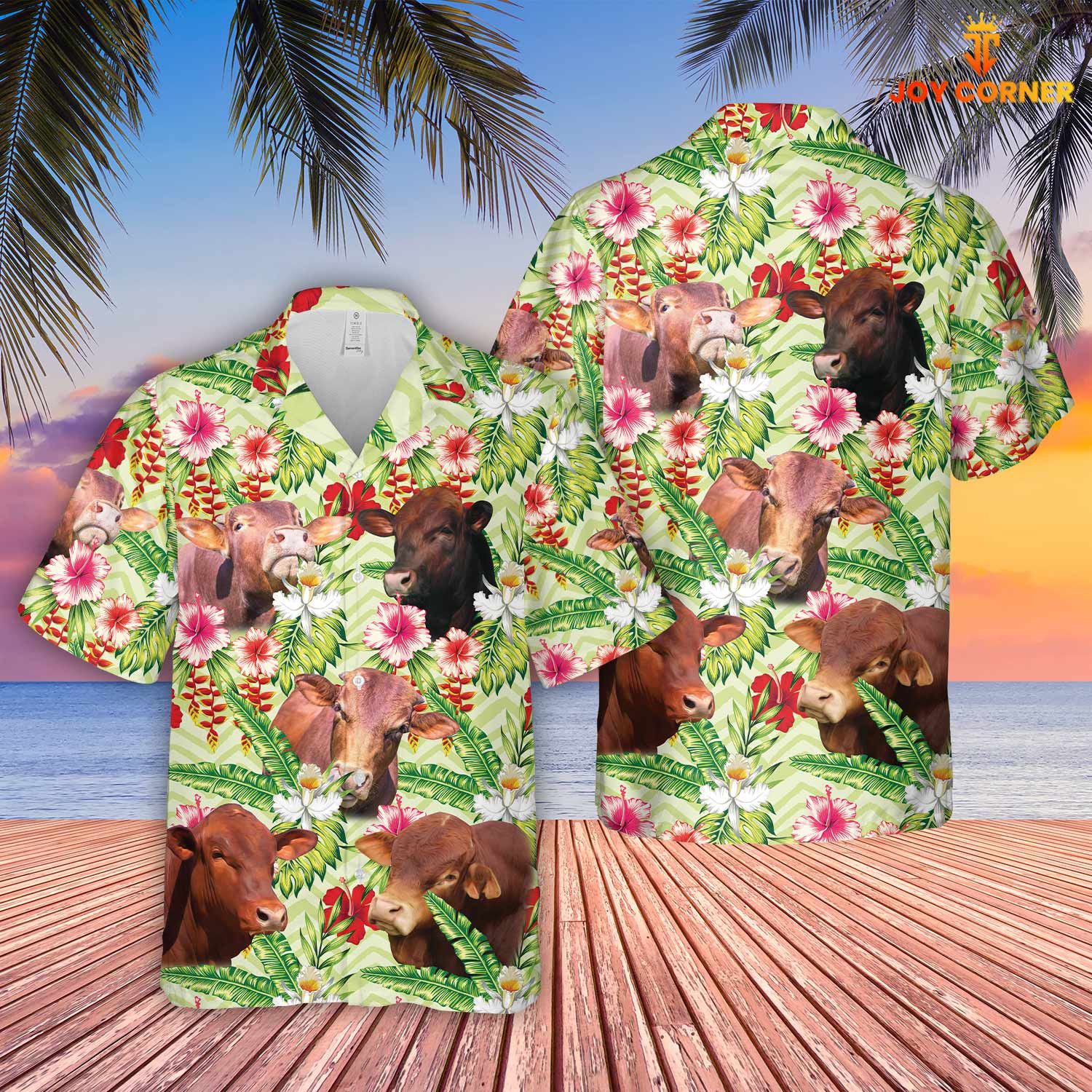 Beefmaster Breed Showcased In Hibicus Floral Hawaiian Shirt 3D Print Detail