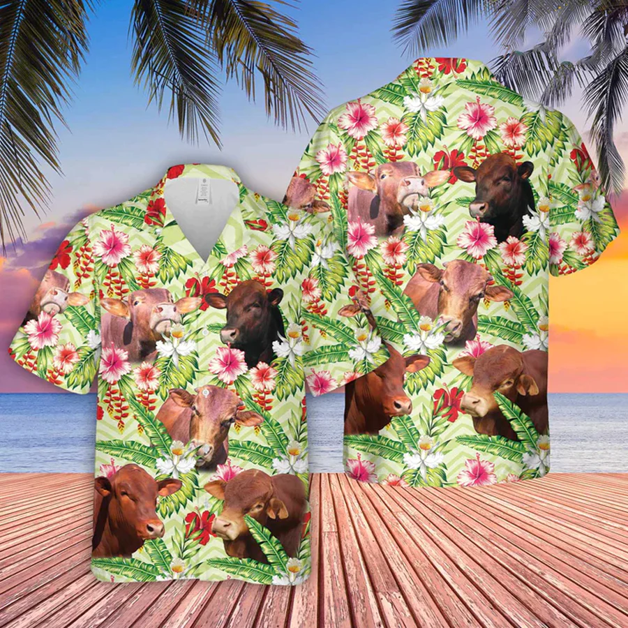 Beefmaster Hibicus Floral 3D Trendy Hawaiian Shirt, Farm Lover Hawaii Shirt, Hawaiian Casual Button Down Shirt