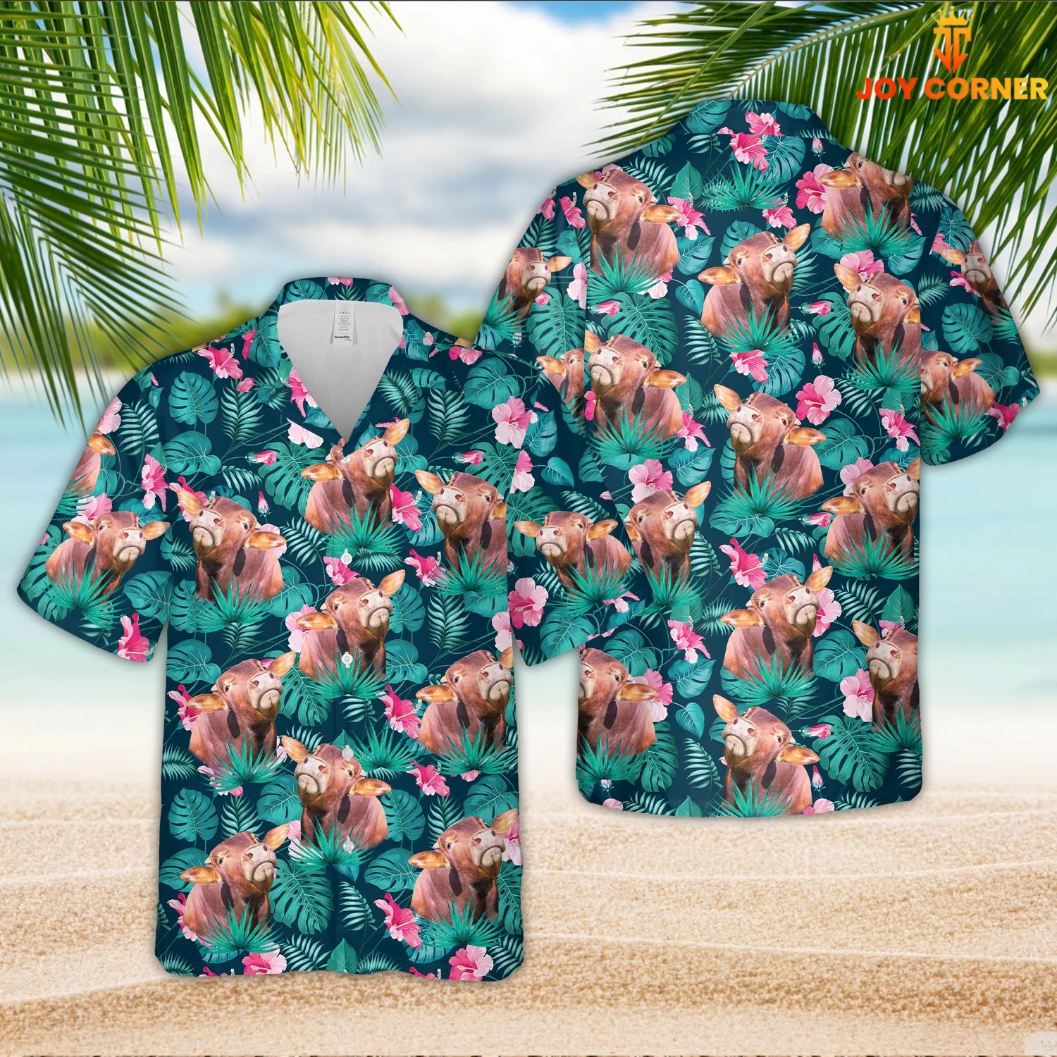 Beefmaster Themed Hawaiian Shirt In Blue Floral Summertime Design 3D Print Quality