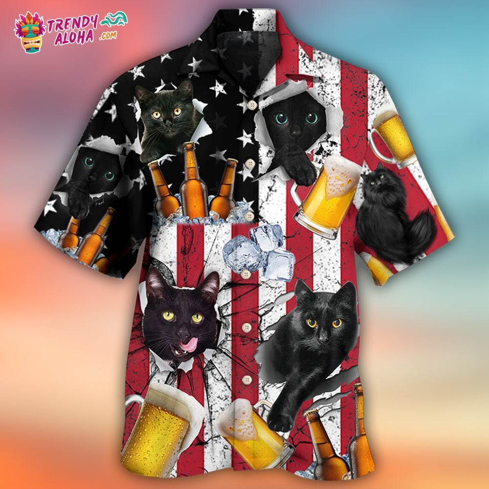 Beer And Black Cat American Flag Vintage Hawaiian Shirt – Trendy Aloha