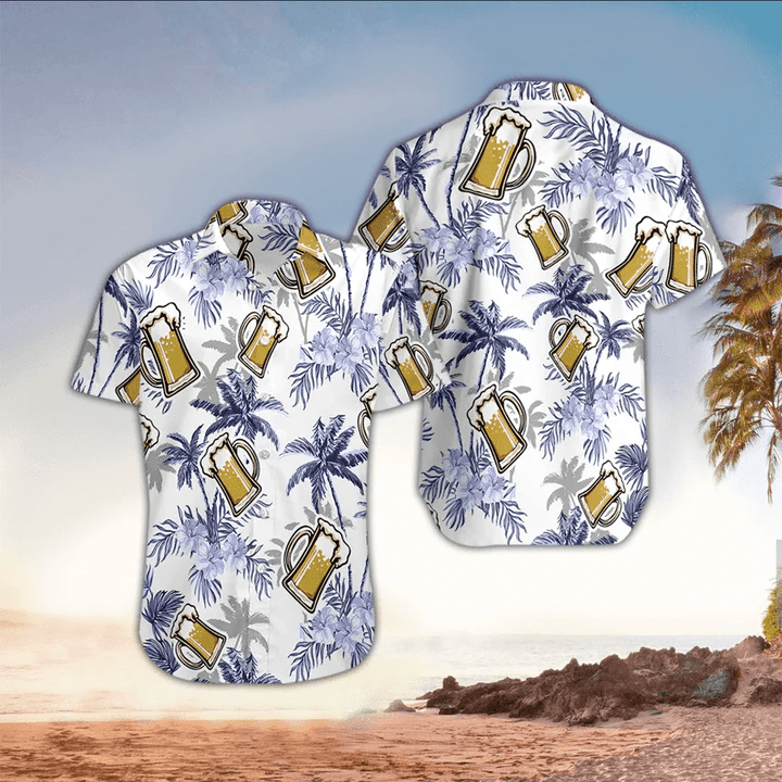 Beer And Coconut Tree Pattern Trendy Hawaiian Shirt For Men, Beer Day Gift, Gift For Beer Lover