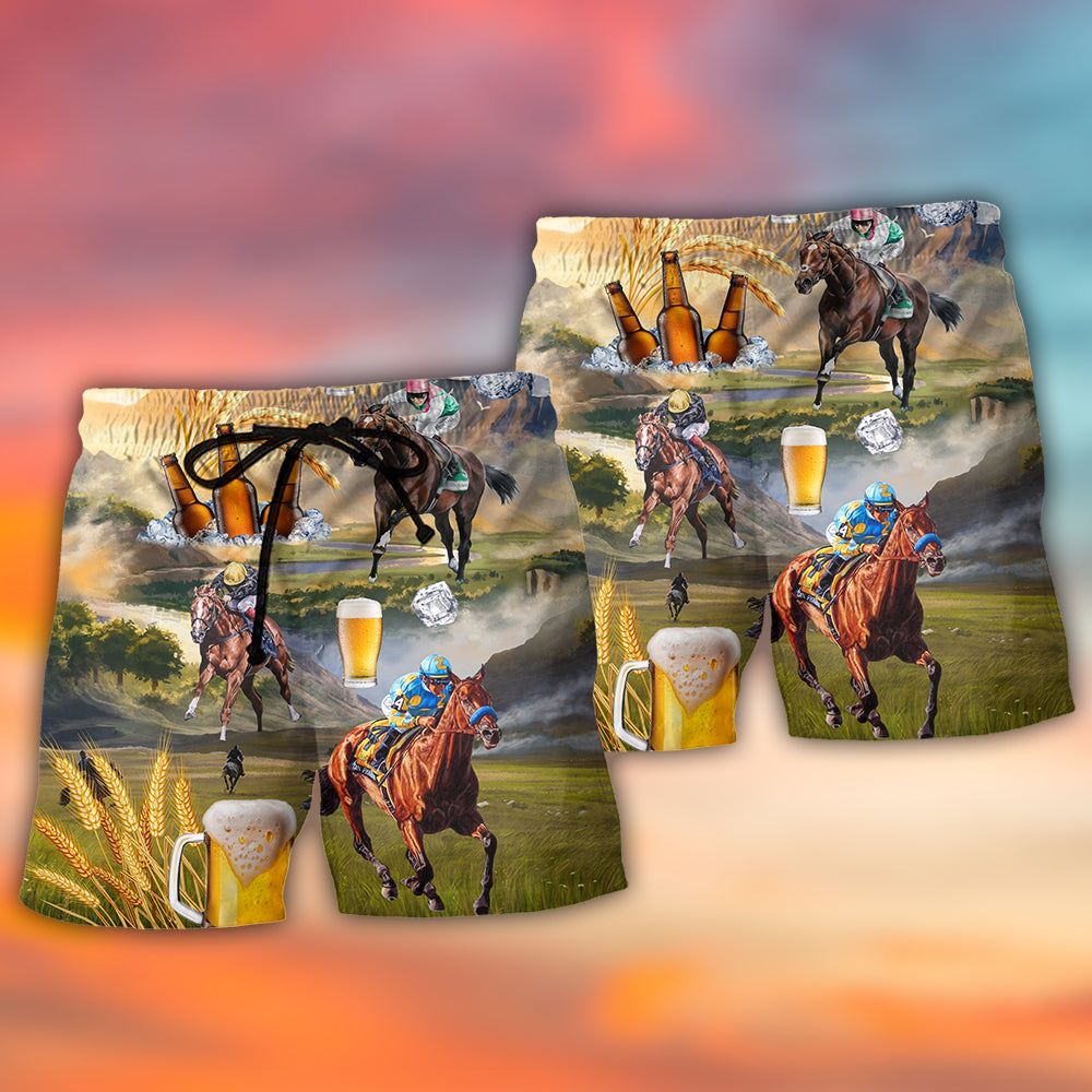 Beer And Horse Racing On The Steppe Trendy Aloha Hawaiian Beach Shorts