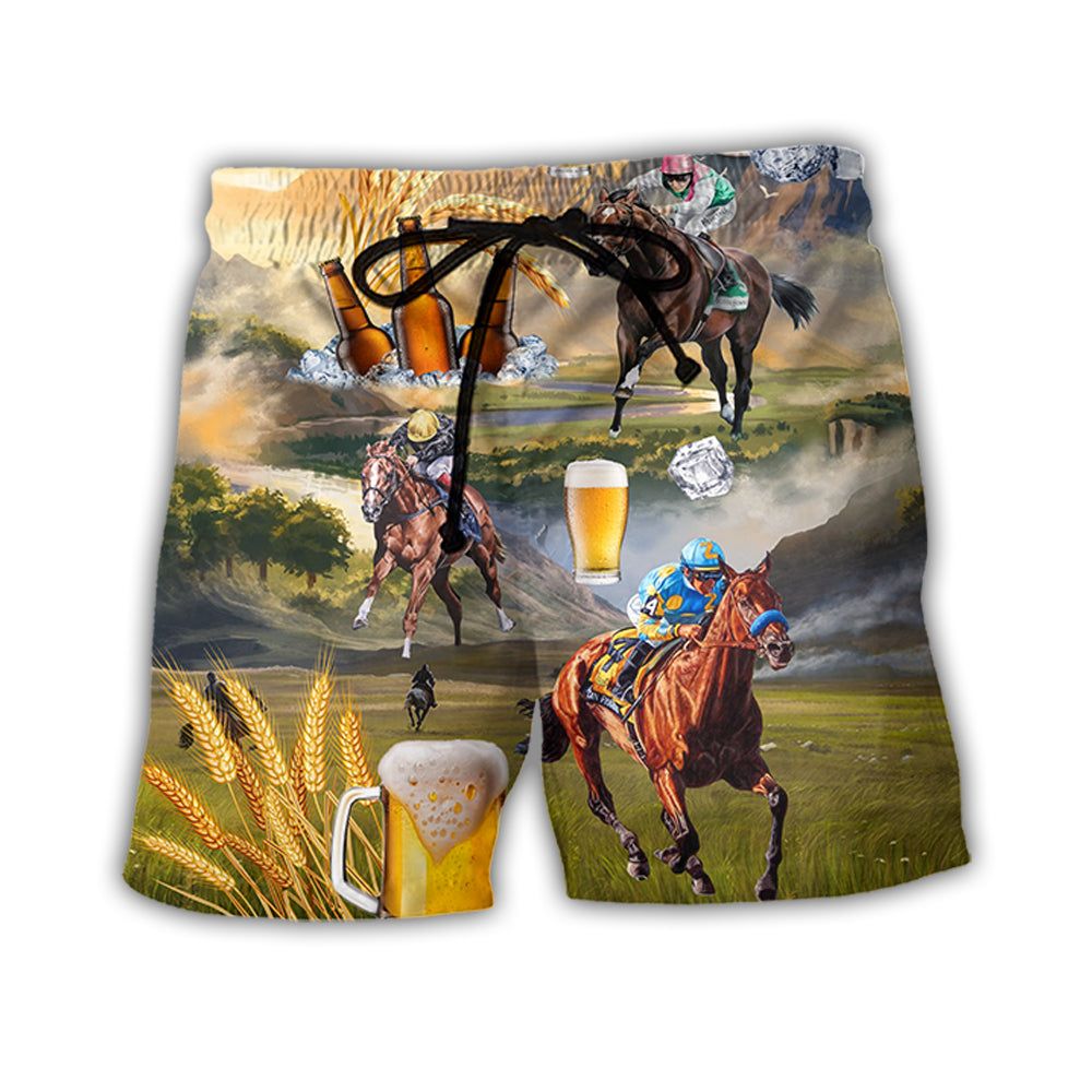 Beer And Horse Racing On The Steppe Trendy Aloha Hawaiian Beach Shorts