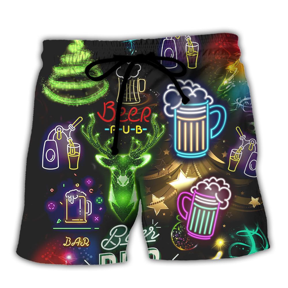 Beer Christmas Neon Art Drinking Trendy Aloha Hawaiian Beach Shorts