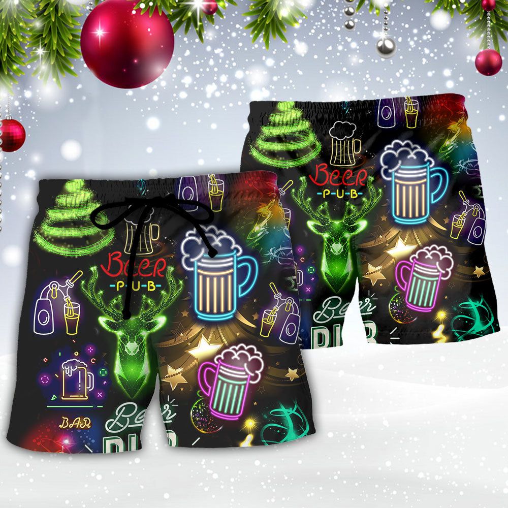 Beer Christmas Neon Art Drinking Trendy Aloha Hawaiian Beach Shorts