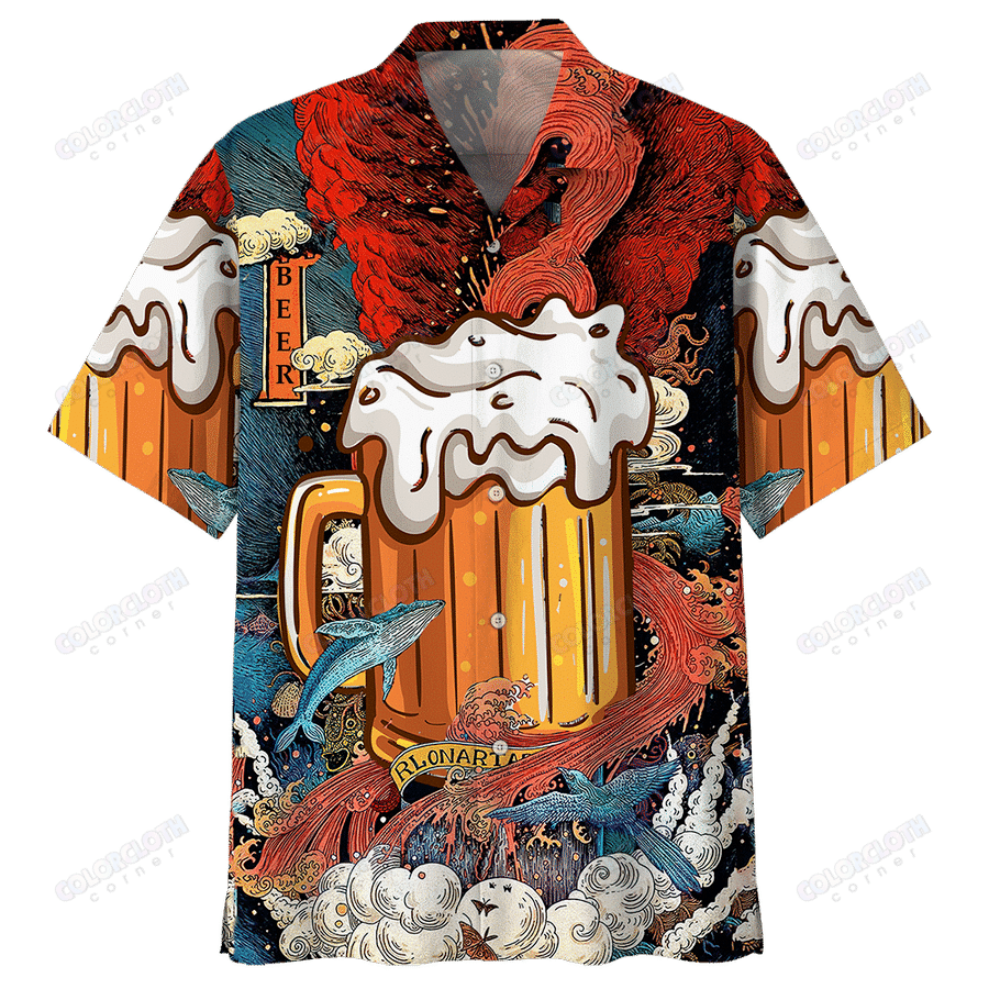 Beer Hawaii Shirt Beer Cup In Ocean Red Blue Hawaiian Aloha Shirt