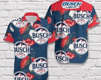 Beer Hawaii Shirt Busch Light Apple Logo Hibiscus Flower Pattern Blue Red Hawaiian Aloha Shirt