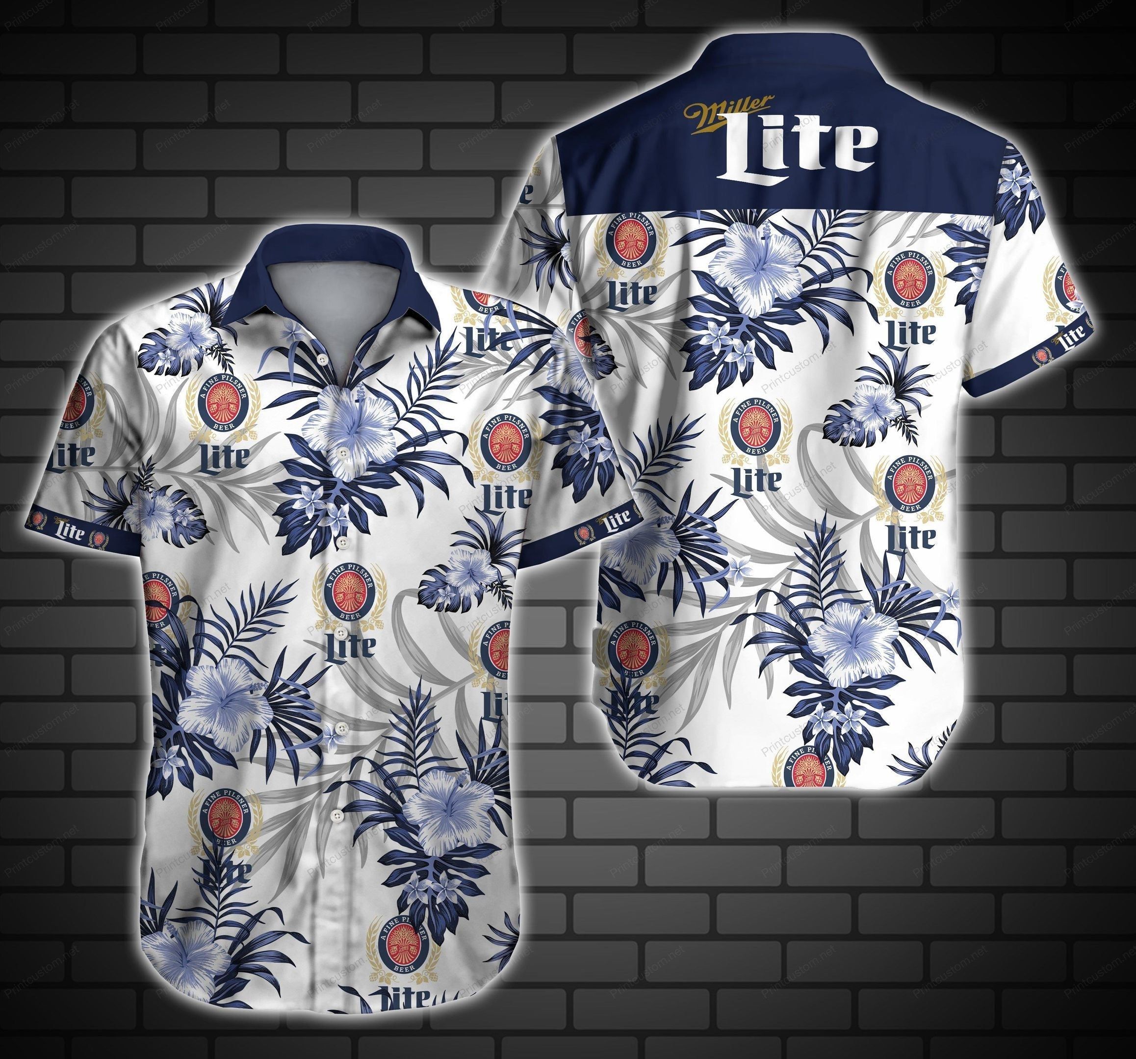 Beer Hawaii Shirt Miller Lite Hibiscus Flower Pattern White Blue Hawaiian Aloha Shirt