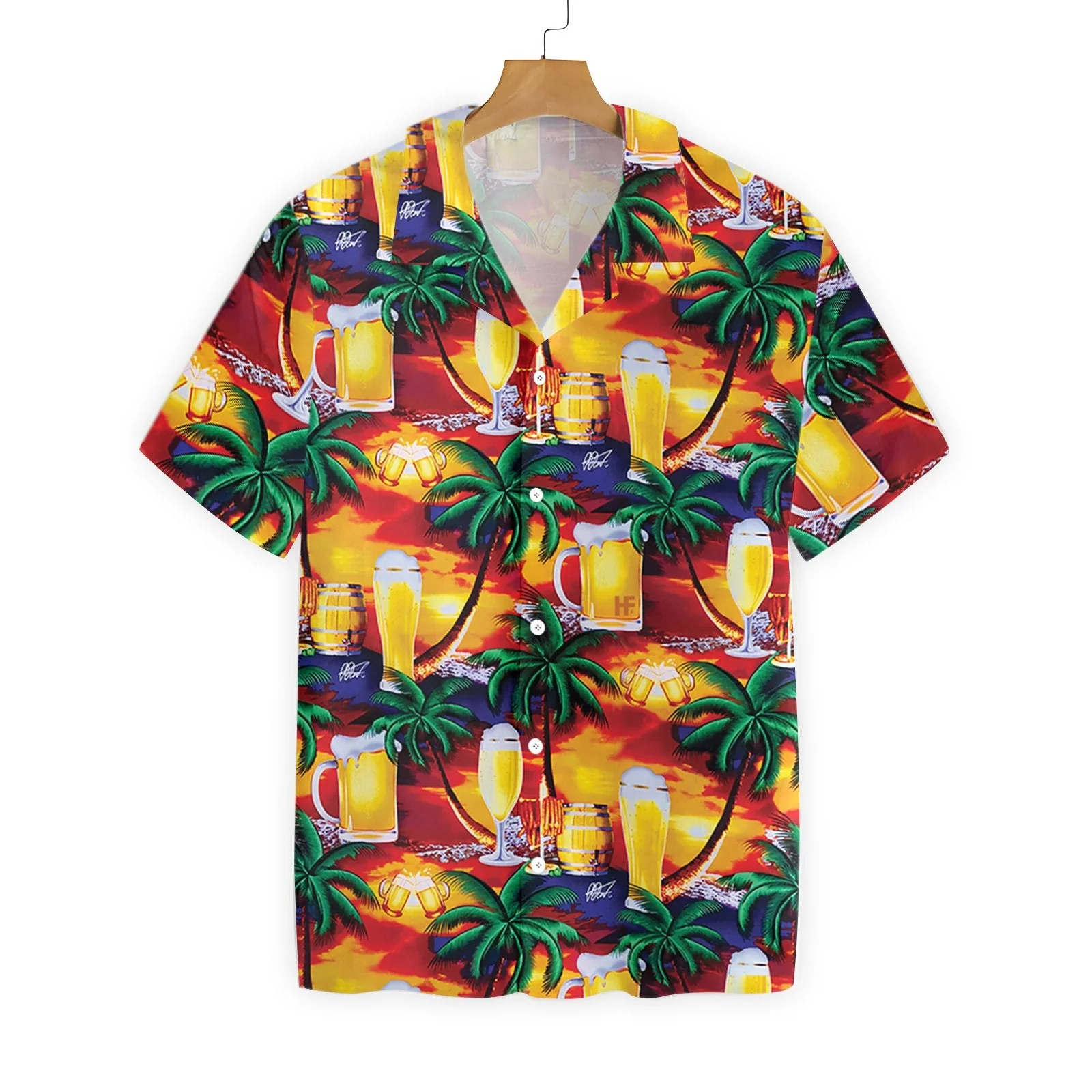Beer Hawaii Shirt Tropical Sunset Beer Cups Pattern Yellow Red Hawaiian Shirt Beer Aloha Shirt